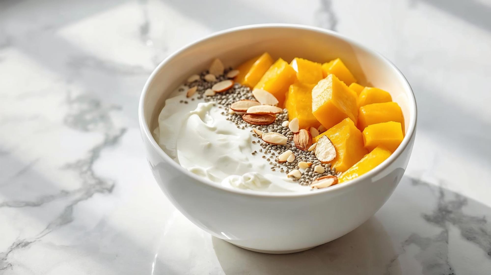 Greek yogurt smoothie bowl with mango and almonds for high protein weight loss