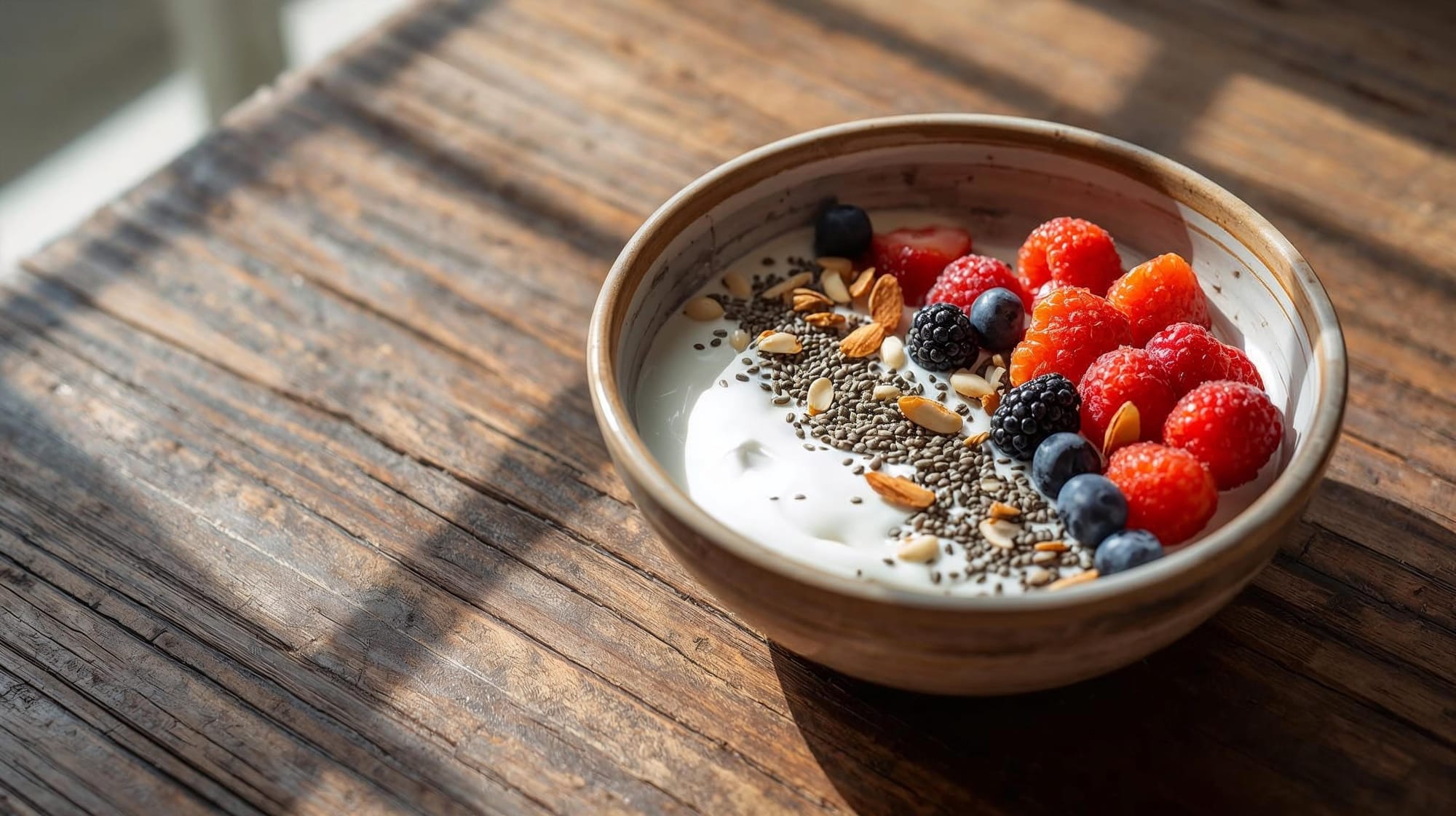 High-protein Indian breakfast — Greek yogurt with almonds and chia seeds