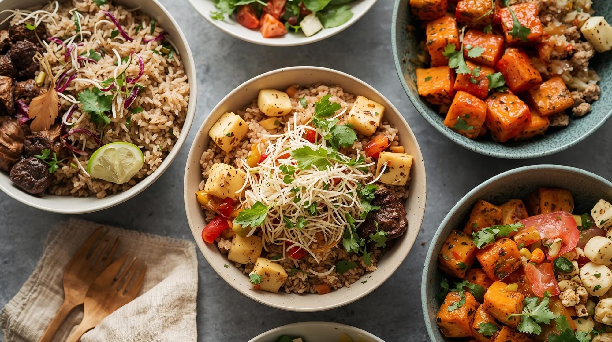 Balanced Indian meal prep bowls with paneer, brown rice, and vegetables