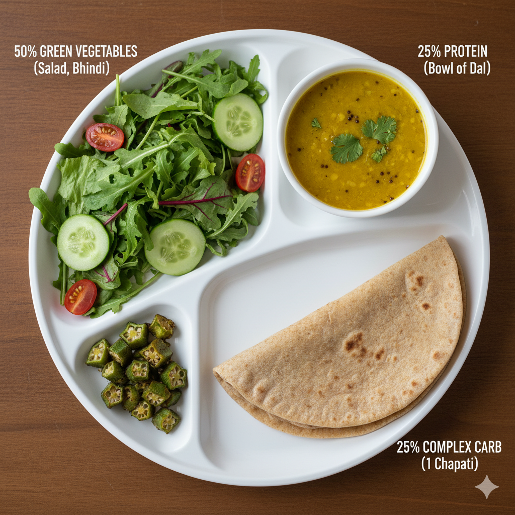 Sample Indian vegetarian diet plan for dinner: portion of salad, vegetable, dal, and one chapati for effective weight loss.