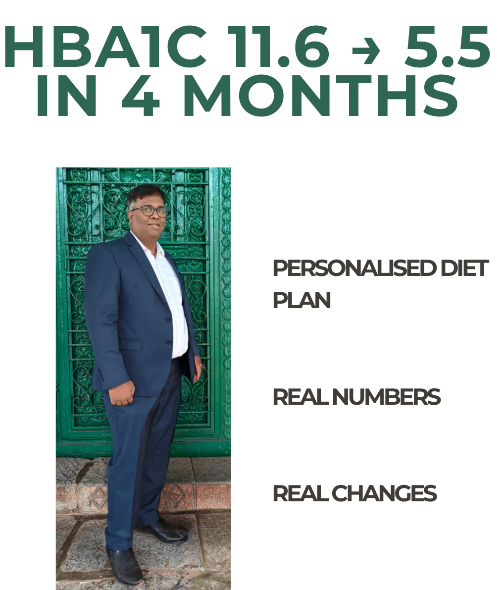 Before photo of Joshua, a male client in formal wear, with headline showing HbA1c dropping from 11.6 to 5.5 in 4 months, highlighting personalised diet plan, real numbers, and real changes