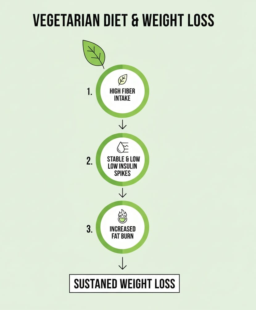 Diagram explaining how vegetarian diet helps burn fat by stabilizing insulin
