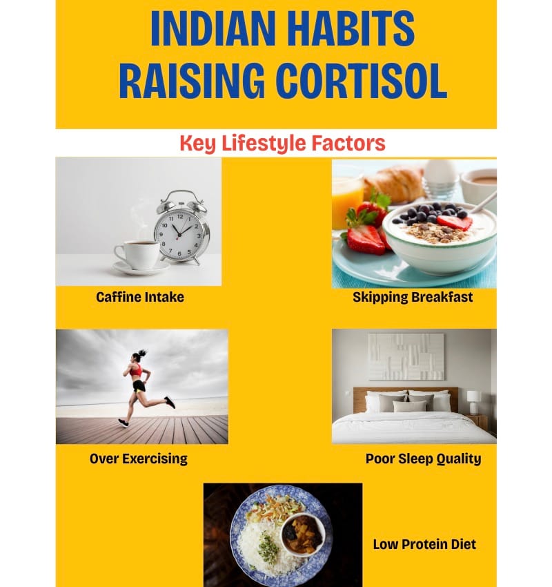 Infographic illustrating everyday Indian habits that raise cortisol levels