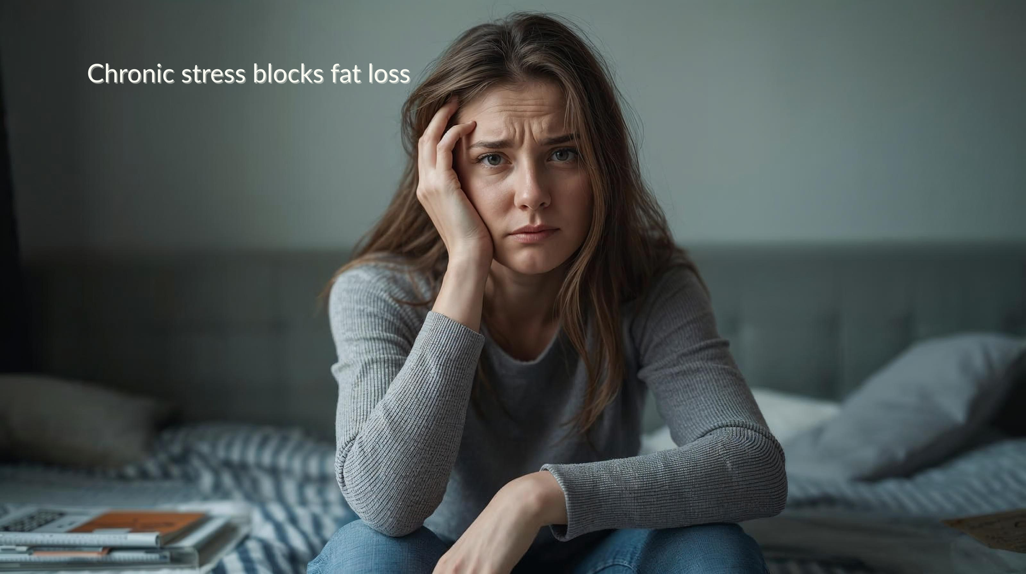 Woman looking mentally exhausted at home, representing stress and high cortisol contributing to stalled fat loss.