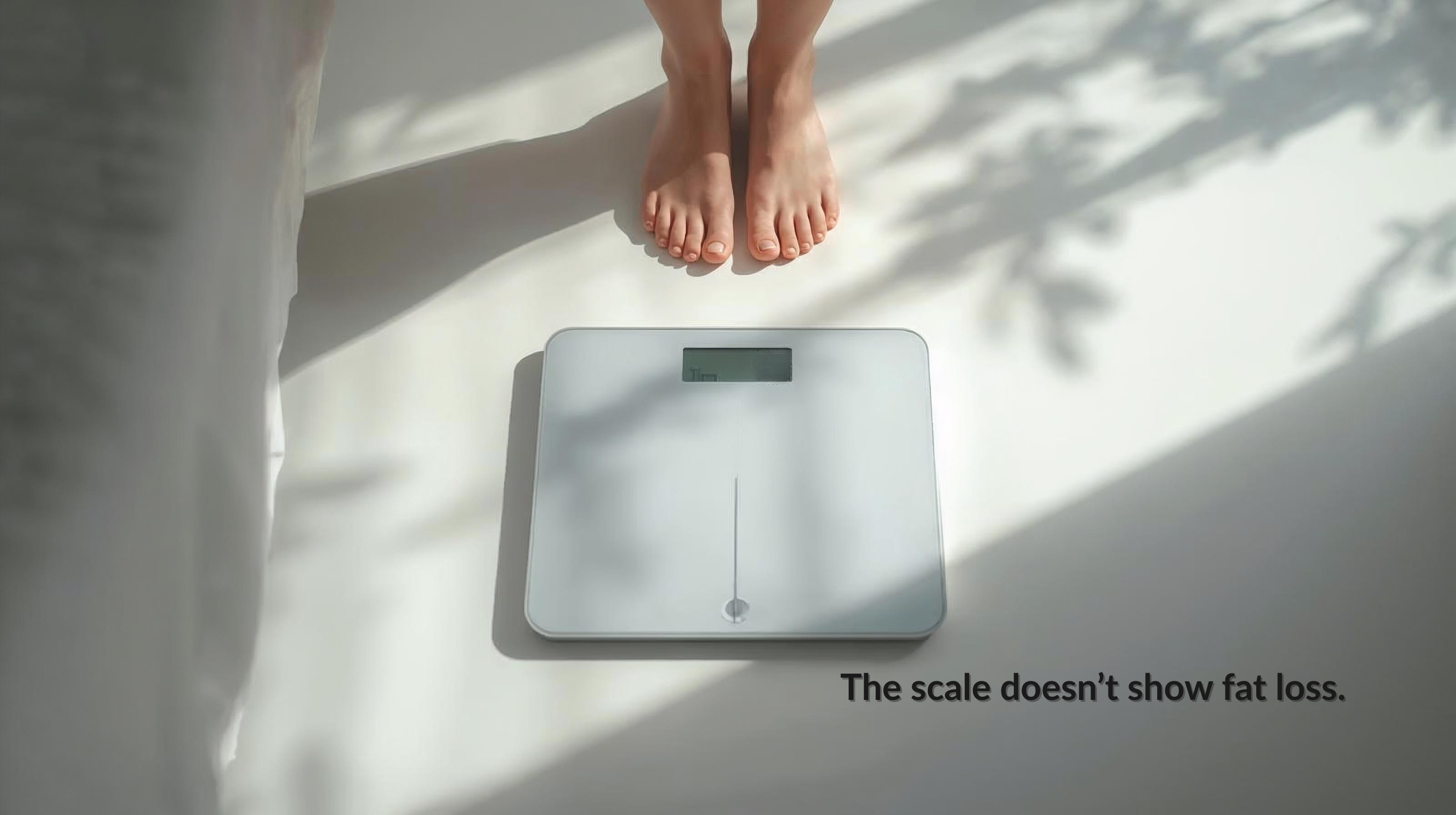 Weighing scale on the floor representing why the scale is not a reliable indicator of real fat loss progress.