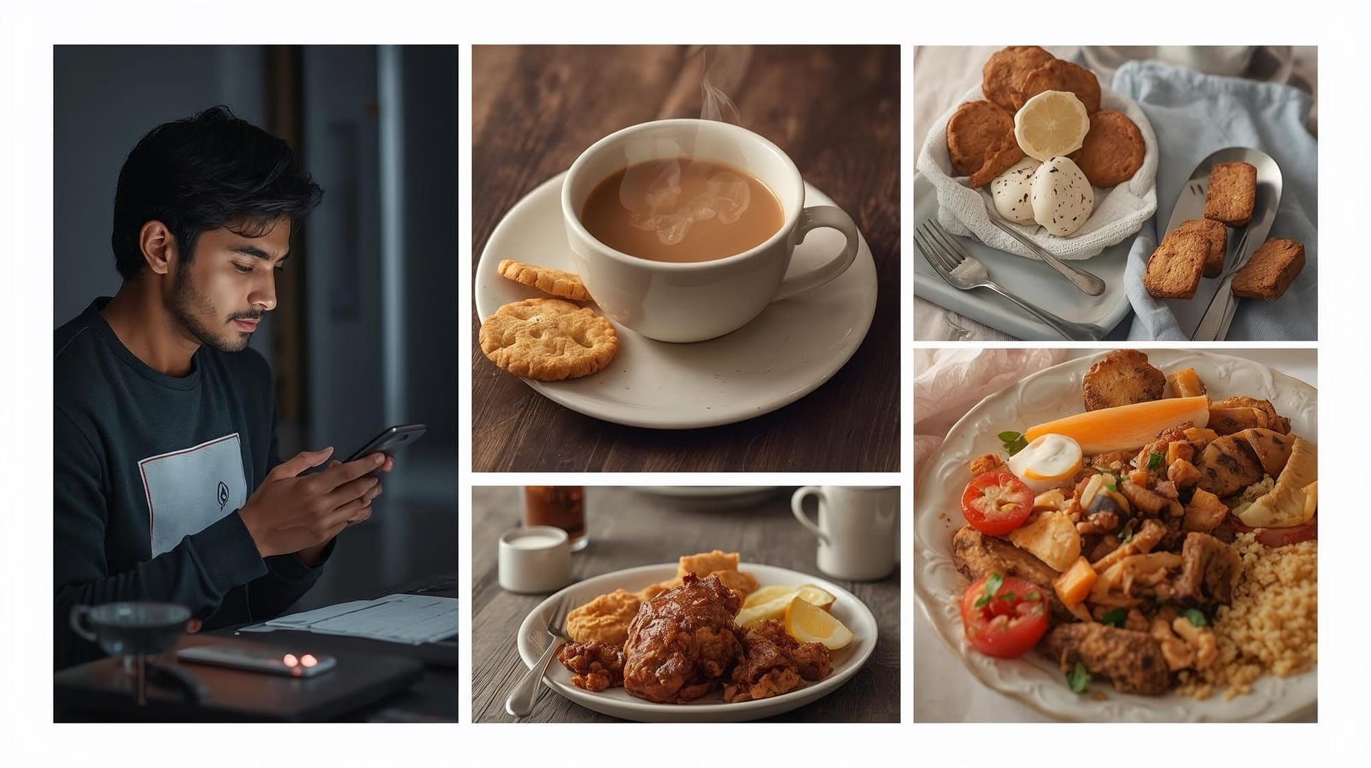 Collage of common Indian lifestyle habits like late-night phone use, chai with biscuits, long work hours, and high-carb meals