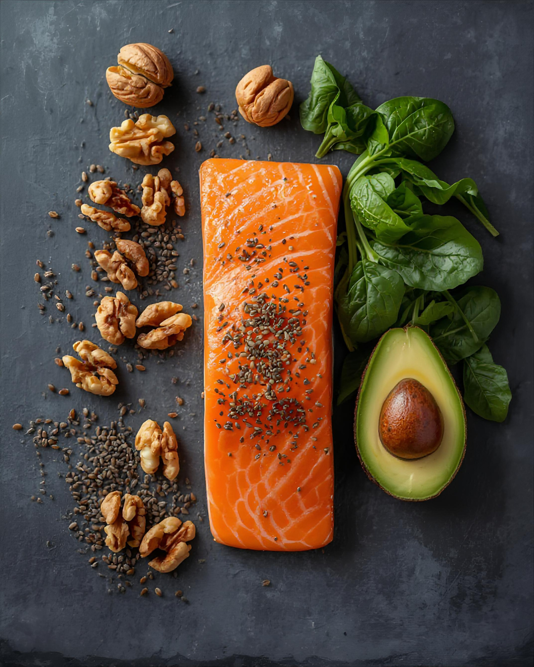 Omega-3 rich foods for menopause including salmon fatty fish walnuts flaxseeds and avocado