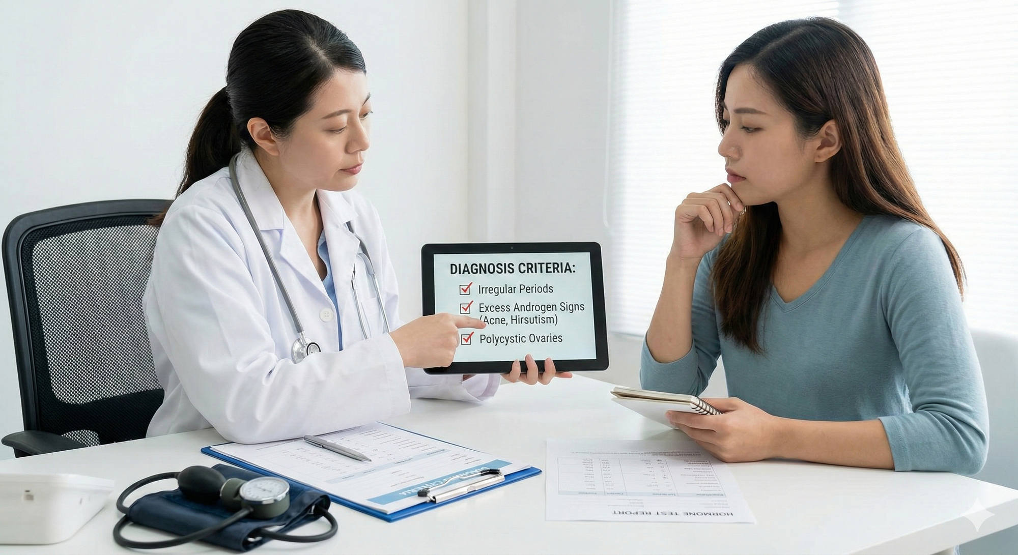 Doctor showing a digital tablet to a female patient. The tablet displays'DIAGNOSIS CRITERIA' with Irregular Periods, Excess Androgen Signs, and Polycystic Ovaries.