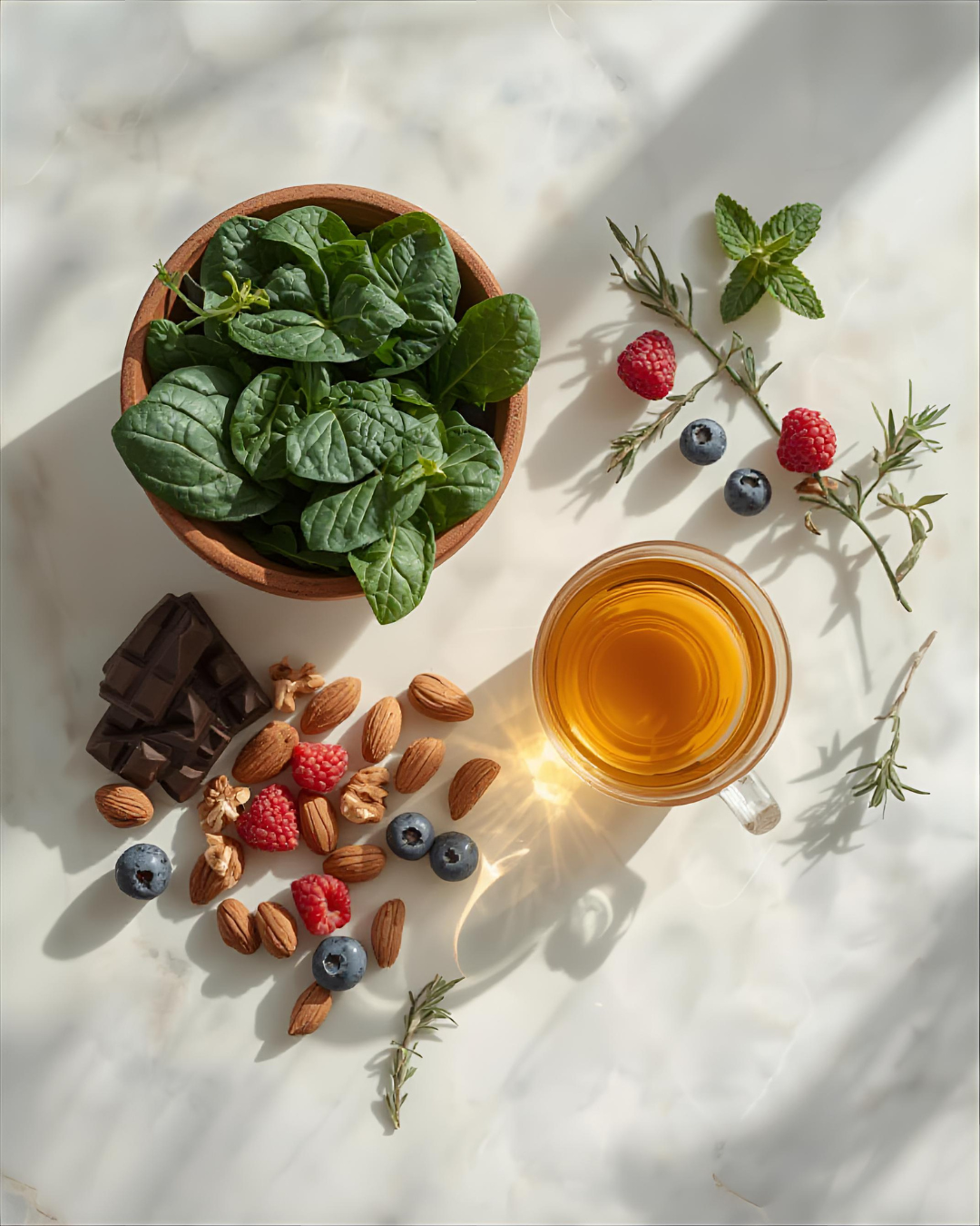 Cortisol-lowering foods for menopause including leafy greens nuts dark chocolate and herbal tea