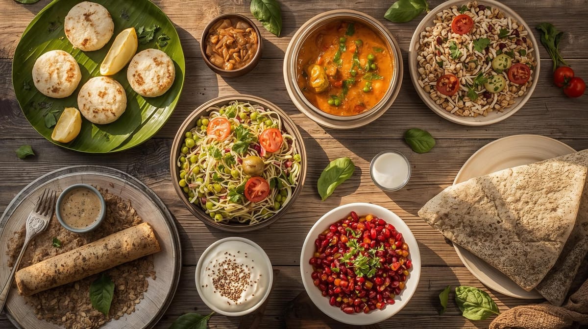 Colorful healthy Indian breakfast spread on a rustic wooden table, featuring idlis, poha, chillas, dosa, sprouts salad, and yogurt in warm sunlight.