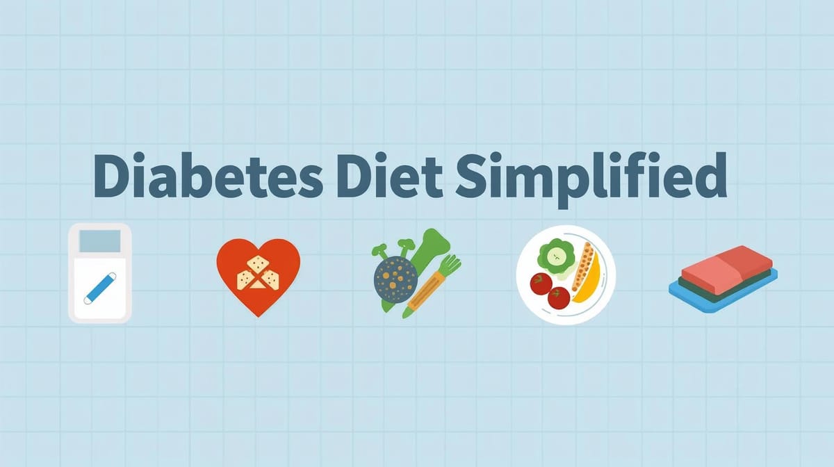 Banner image showing Diabetes Diet Simplified with icons of balanced meals, glucometer, and healthy food visuals