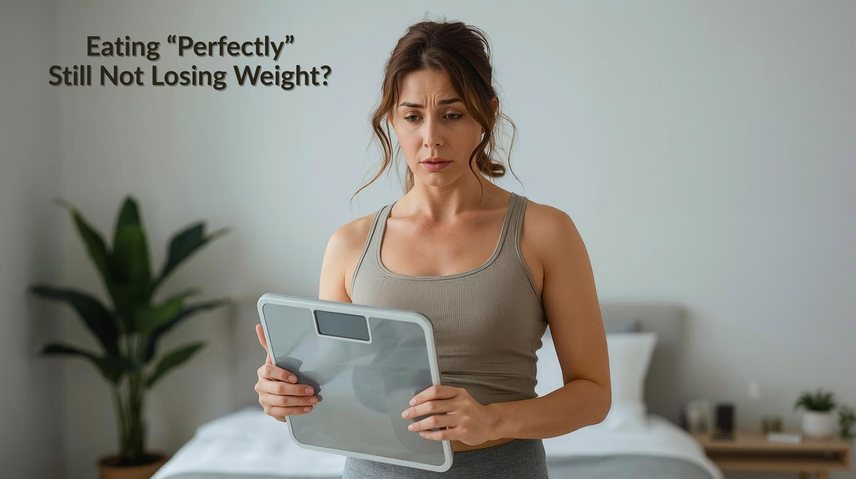 Woman looking confused while holding a weighing scale, representing weight not dropping despite following a healthy diet.