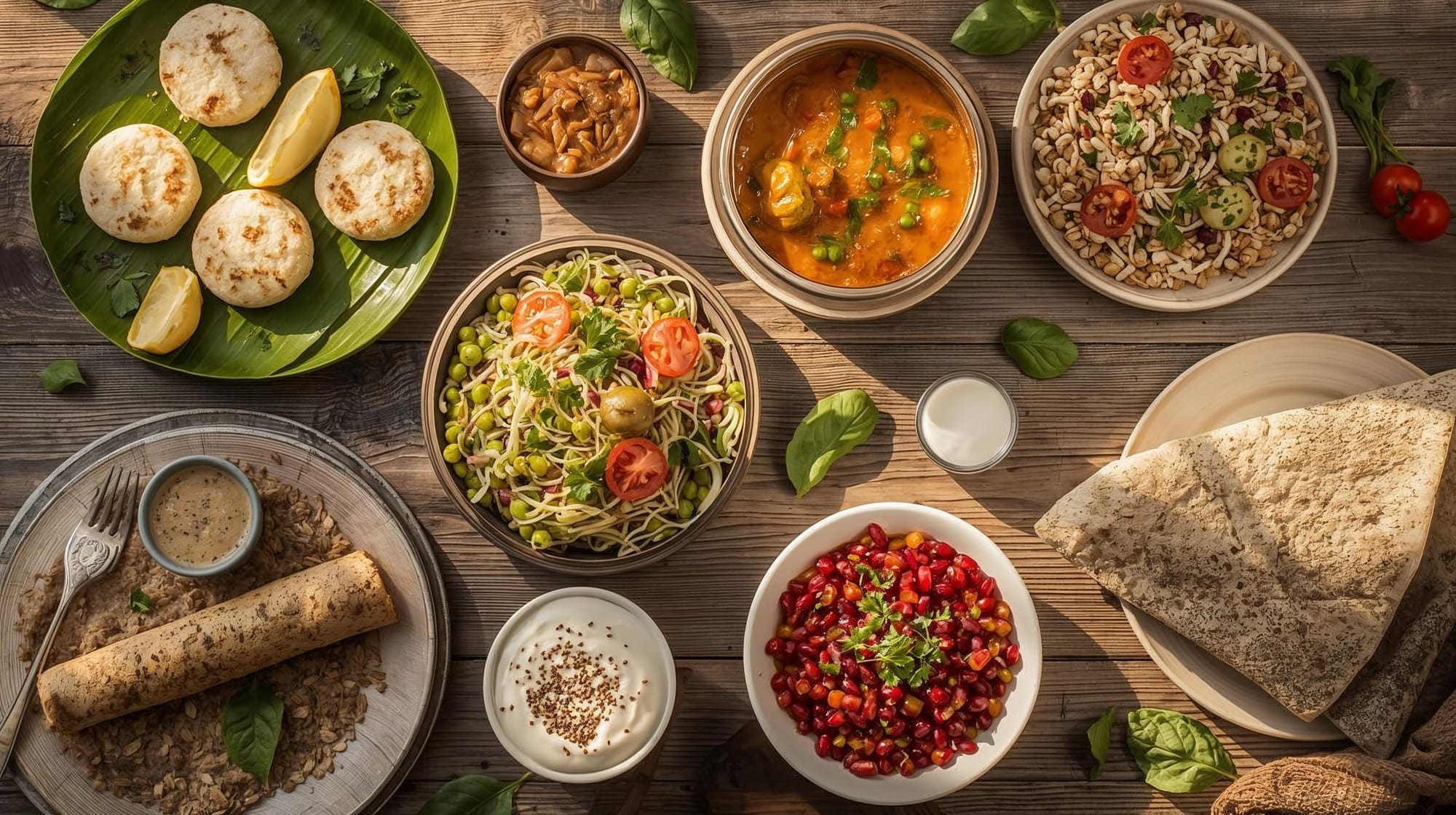Colorful healthy Indian breakfast spread on a rustic wooden table, featuring idlis, poha, chillas, dosa, sprouts salad, and yogurt in warm sunlight.