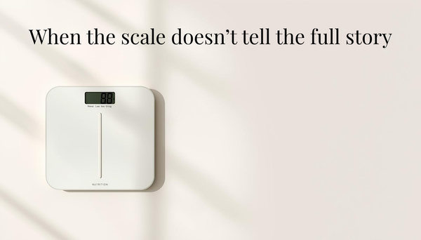 Minimal blog banner showing a weighing scale, representing why weight may not change despite fat loss progress