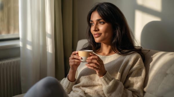 Woman reflecting on starting a diet journey before January, representing a calm and mindful approach to health and weight management